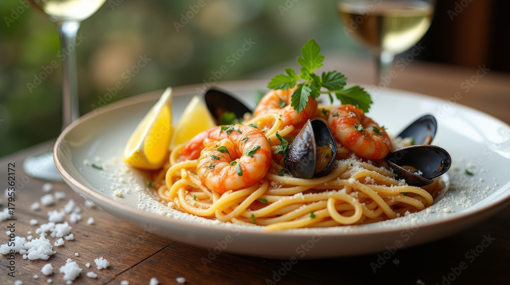 Fototapeta premium A beautifully plated seafood pasta dish on a rustic wooden table, featuring spaghetti with shrimp, mussels, squid, and clams in a creamy white wine or tomato sauce.