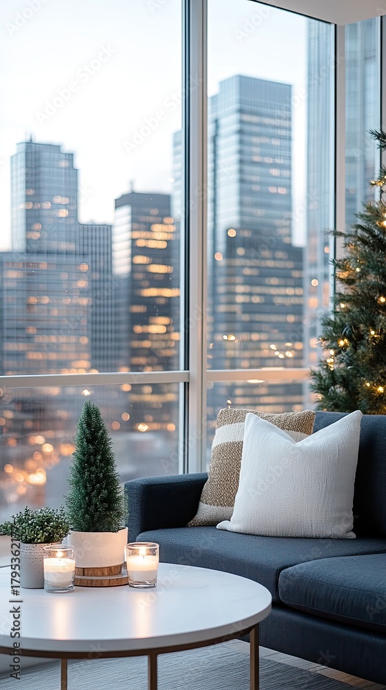 Fototapeta premium Enjoy a cozy evening on a New York City balcony adorned with string lights, plants, and candles, offering a stunning skyline backdrop