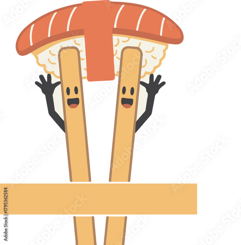 Cheerful Salmon Sushi Nigiri with Animated Chopsticks Waving Delightfully