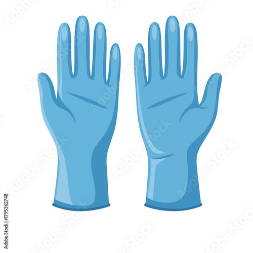 Two light blue medical gloves, palms facing forward, fingers extended