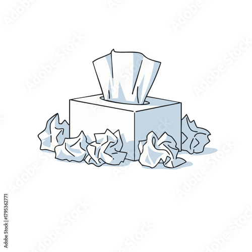 Tissue box with crumpled tissues, symbolizing illness, sadness, or allergies