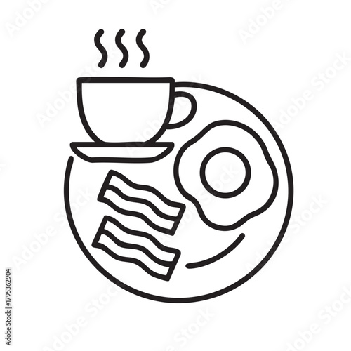 a simple line drawing depicts a breakfast plate with coffee eggs bacon and a saucer