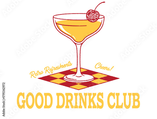Good Drinks Club logo. Retro cocktail in a coupe glass, garnished with a cherry, on a red and yellow checkered floor. Retro Refreshments