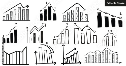 Set of 13 hand-drawn growth and decline chart icons. Doodle vector illustration of bar charts and graphs.