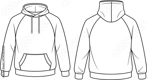 Technical flat sketch of hooded sweatshirt, raglan sleeve hoodie design, fashion template, garment construction drawing, apparel illustration, vector outline, kangaroo pocket, sewing details