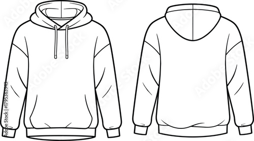Technical flat sketch of hooded sweatshirt, fashion design template, garment construction drawing, apparel illustration, clothing blueprint, vector outline, ribbed cuff hoodie, sewing details
