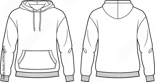 Technical flat sketch of hooded sweatshirt, raglan sleeve hoodie design, fashion template, garment construction drawing, apparel illustration, vector outline, kangaroo pocket, sewing details