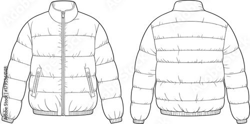 Technical flat sketch of puffer jacket, quilted zip-up design, fashion template, garment construction drawing, apparel illustration, clothing blueprint, vector outline, sewing details
