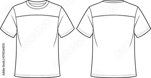 Technical flat sketch of short sleeve crew neck t-shirt, fashion design template, garment construction drawing, apparel illustration, clothing blueprint, vector outline, sewing details