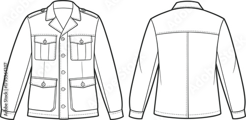 Technical flat sketch of utility jacket, button-up design, fashion template, garment construction drawing, apparel illustration, clothing blueprint, vector outline, flap pocket details