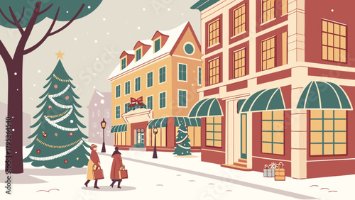 Winter christmas town scene with christmas tree and people shopping for christmas gifts illustration