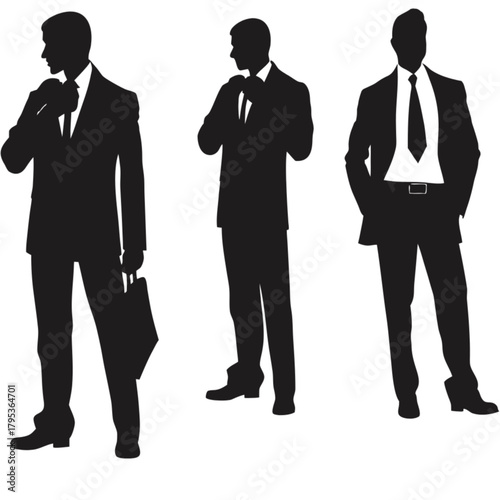 Three black silhouettes of professional businessmen in formal suits, standing in various poses.