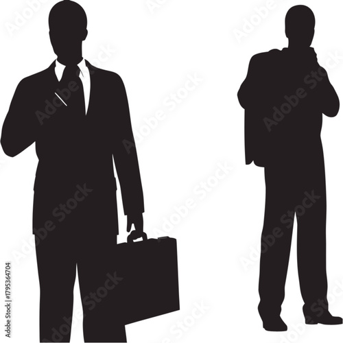 Two black silhouettes of businessmen in formal suits, one holding a briefcase and the other with a jacket over his shoulder.