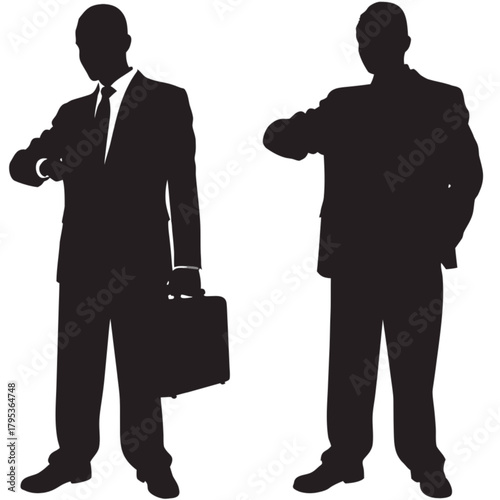 Two black silhouettes of businessmen in suits checking the time on their wristwatches, one holding a briefcase.