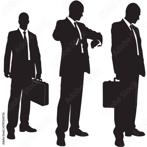 Three black silhouettes of a businessman in a suit, holding a briefcase and checking his watch.
