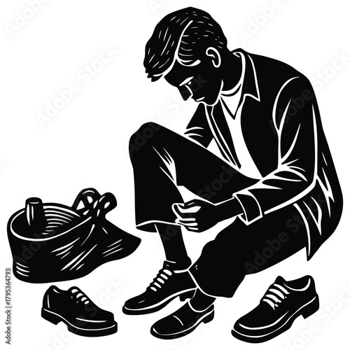 A Man's Silhouette Contemplates Choices with Shoes and a Bag on White Background