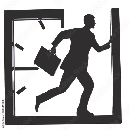 Silhouette of a businessman with a briefcase running urgently, exiting a symbolic clock frame.