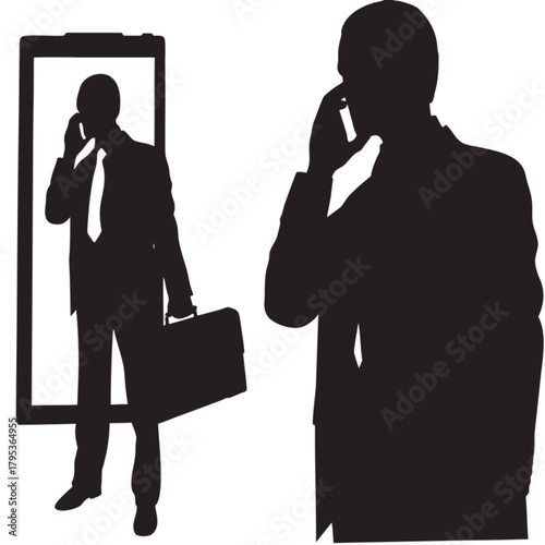 Two black silhouettes of a businessman in a suit, one full-body with a briefcase and one bust shot, both talking on a mobile phone.