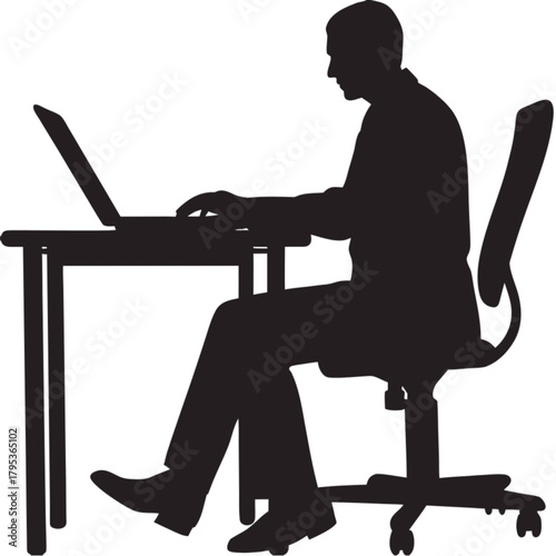 Side profile silhouette of a businessman sitting at a desk and typing on a laptop computer.