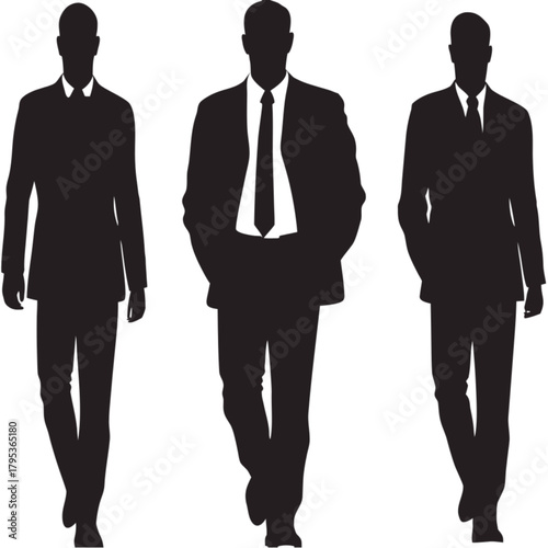 Three anonymous businessmen in black suits walking forward, a vector silhouette illustration of corporate professionals.