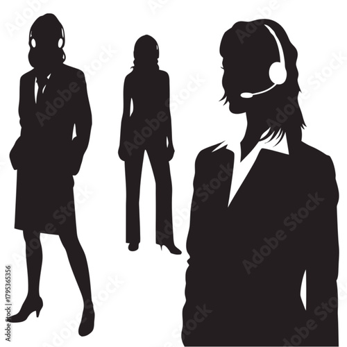 Set of three black silhouettes of professional businesswomen wearing communication headsets and suits.