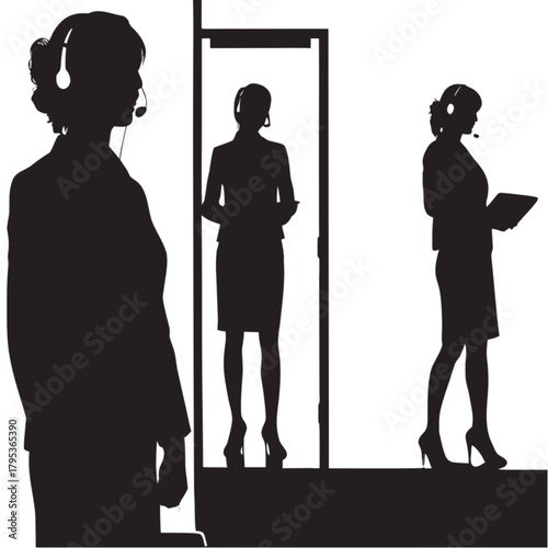 Three black silhouettes of professional women with headsets, working as interpreters or call center agents.