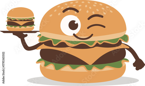 Smiling burger character presenting a mini burger on a plate