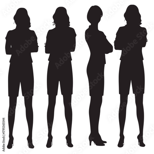 A set of four black silhouettes of professional businesswomen standing with arms crossed in high heels.