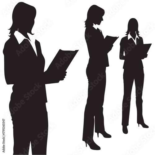 Three black silhouettes of professional businesswomen in suits standing and reviewing documents.