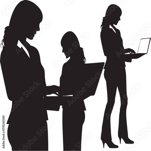 Three black silhouettes of professional businesswomen in suits working on laptop computers.