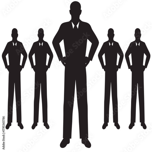 A confident business leader stands in front of his team, all depicted as black silhouettes in a power pose.