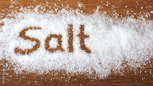 The word 'Salt' spelled out among thick sea salt grains on a wooden table