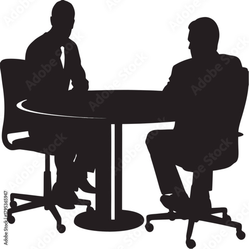 Black silhouette of two businessmen sitting opposite each other at a round table for a meeting.