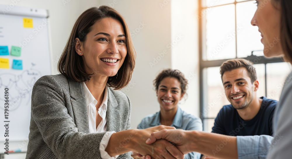 Obraz premium Confident businesswoman smiling and shaking hands with a colleague during a meeting in a modern office.