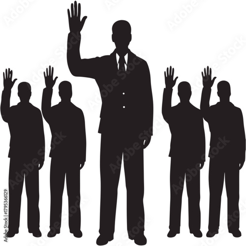 Black vector silhouettes of five businessmen in suits with their right hands raised, one leader figure is larger.