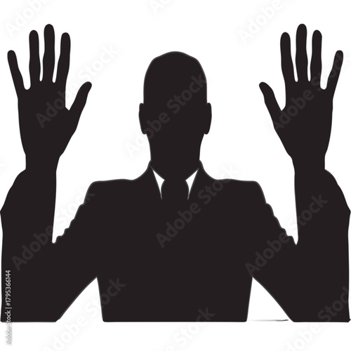 Black silhouette of a man in a formal suit and tie with both hands raised in surrender.