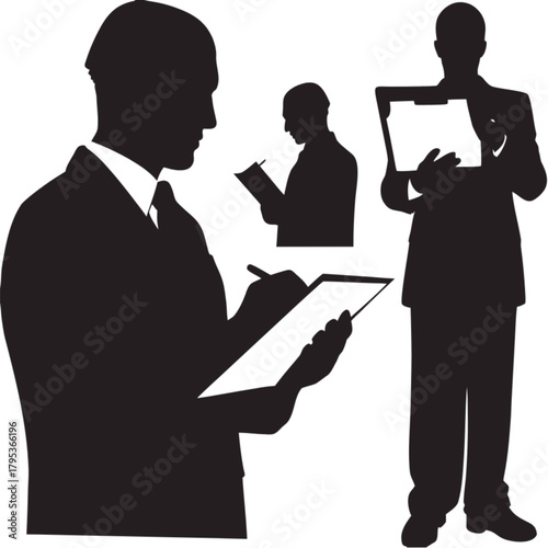 Set of three black silhouettes of a businessman in a suit writing notes on a clipboard.