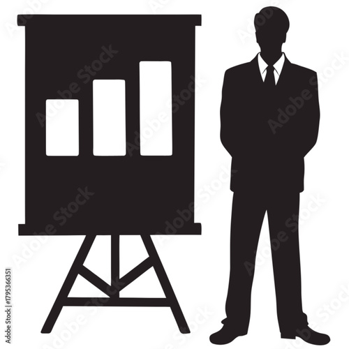 Silhouette of a businessman in a suit standing next to a presentation easel with a bar chart.