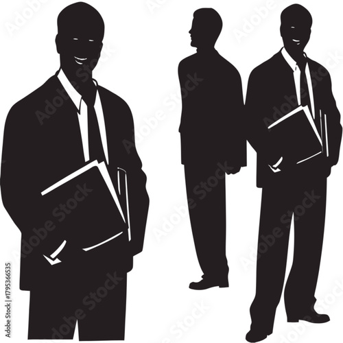 Three black silhouette illustrations of a smiling businessman in a suit holding a folder.