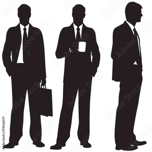 Set of Three Male Business Professional Silhouettes in Suits, Posed with Briefcase and Coffee Mug