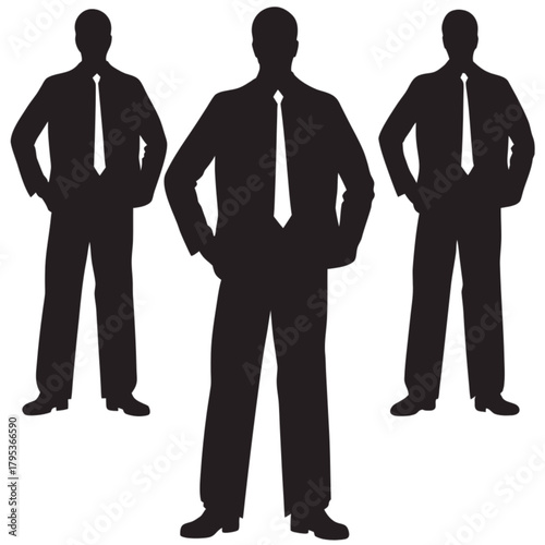 Silhouette of three confident businessmen in suits and white ties with hands on their hips, standing in a power pose.