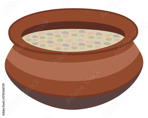 Traditional clay pot full of grain porridge flat vector illustration