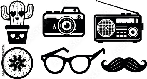 Vector icons set with cactus plant camera radio citrus fruit glasses and mustache in black silhouette style