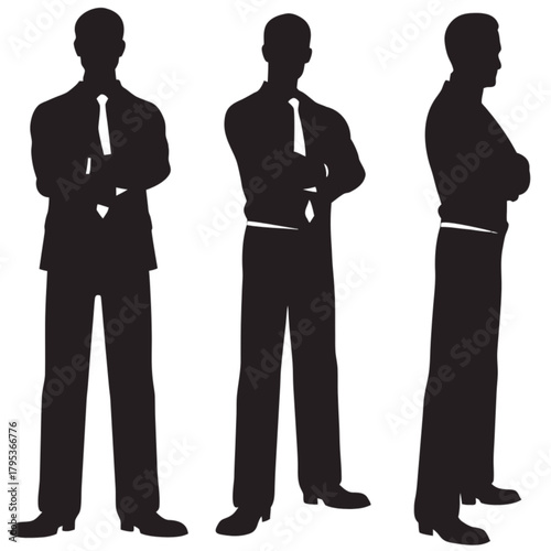 Businessman in a suit and tie with crossed arms, shown in front, three-quarter, and side view silhouettes.
