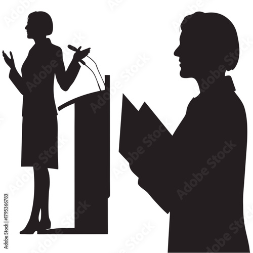 Professional woman silhouette giving a speech at a lectern and a profile view reading notes.