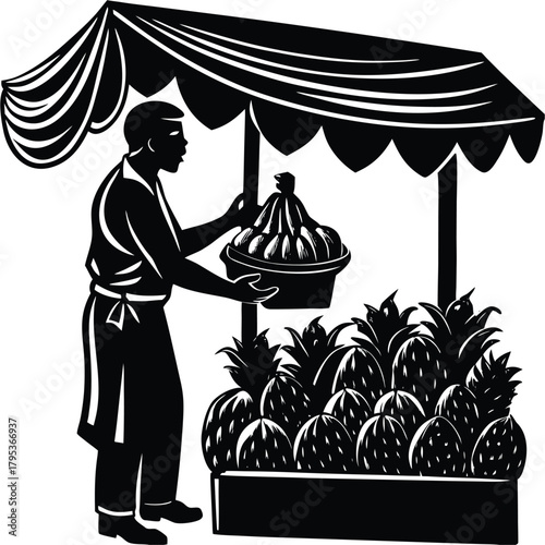 Fruit Vendor Silhouette at Market Stall Selling Pineapples and Other Tropical Fruits on White Background