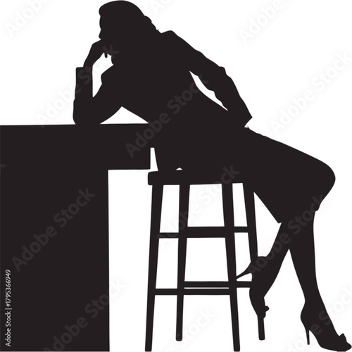 Silhouette of a pensive businesswoman in high heels sitting on a stool, resting her chin on her hand in thought.