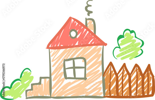 Child's drawing of a house with fence