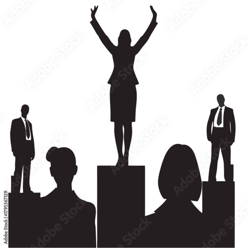 A black silhouette of a triumphant businesswoman with arms raised, standing on the highest pedestal above her male competitors.