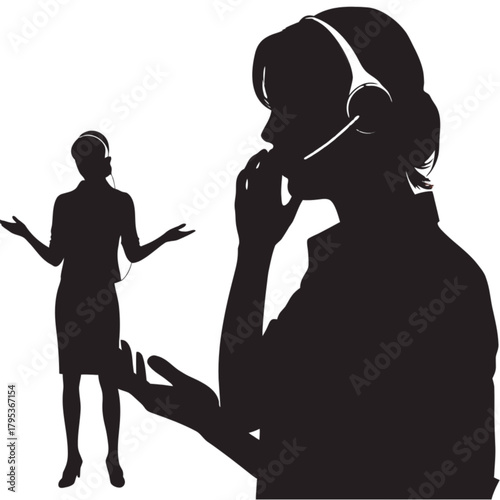Black silhouette of a female customer service agent in profile, holding a smaller gesturing operator in her hand.